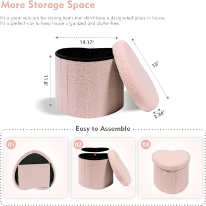 B FSOBEIIALEO Storage Ottoman Cube, Heart Shaped Ottomans with Storage Foot Stool Footrest for Lving Room, Boucle Ottoman Seat for Dorm Room,Faux Teddy Fur, Pink 15"x15"x15"