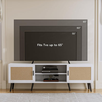 TV Stand for TVs up to 65'', Mid Century Modern Entertainment Center with Rattan Door, Shelves & 2 Cabinets, Boho Media TV Console for Living Room, Bedroom, White