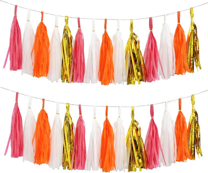 Shiny Tassel Garland Tissue Paper Tassel Banner,Tassels Decorations for Summer Luau Flamingo Girl,Wedding,Pumpkin Birthday Party,Bridal/Baby Shower,Pack of 20 (Hot Pink/Orange/Gold/White)