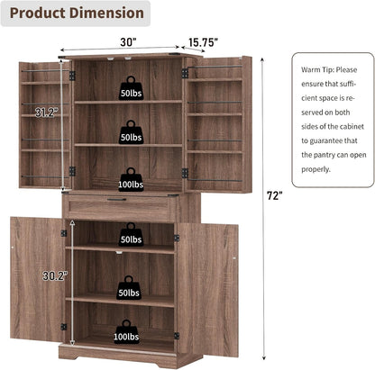 72'' Kitchen Storage Pantry Cabinet, Tall Storage Cabinet with 8 Door Shelves, 2 Cabinets and 1 Drawer, Freestanding Cupboard for Kitchen, Dining Room, Bathroom, Laundry, Living Room, Espresso