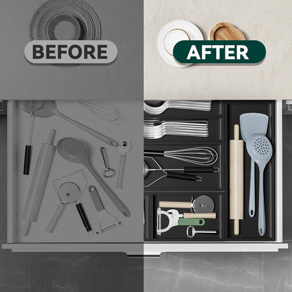 Bamboo Drawer Organizer, Narrow Silverware Organizer for Kitchen, Stackable Utensil Organizer, 2 Pcs Flatware Organizer, Wooden Storage Box Tray (Black, 12 X 3 X 2 Inch)