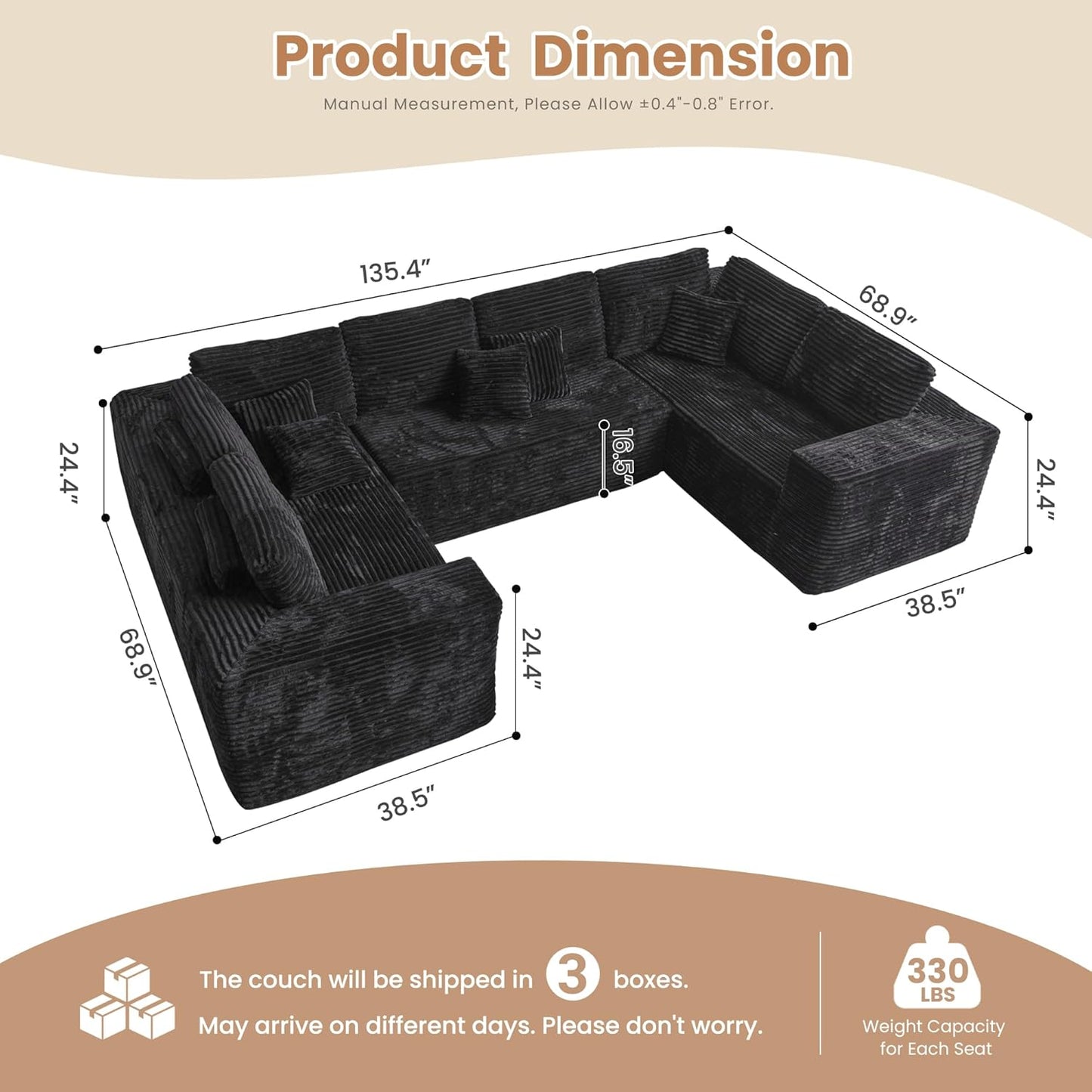 HOOOWOOO Cloud Sectional Couches for Living Room,Modular Sectional Sofa No Assembly,136X70 Inch Plush Corduroy Large U Shape Floor Couch Set with Deep Seat(Black)