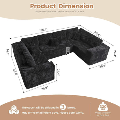 HOOOWOOO Cloud Sectional Couches for Living Room,Modular Sectional Sofa No Assembly,136X70 Inch Plush Corduroy Large U Shape Floor Couch Set with Deep Seat(Black)
