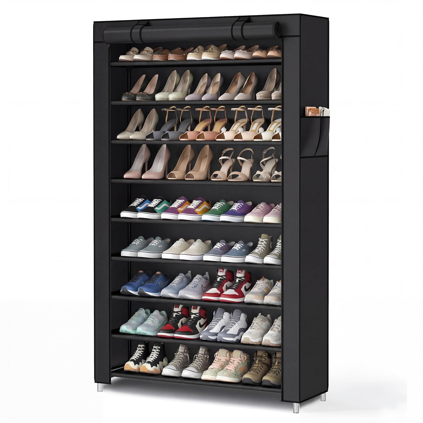 SONGMICS Home Shoe Rack 10-Tier, Tall Narrow Metal Shoe Organizer with Dust Cover, 11.2 x 33.3 x