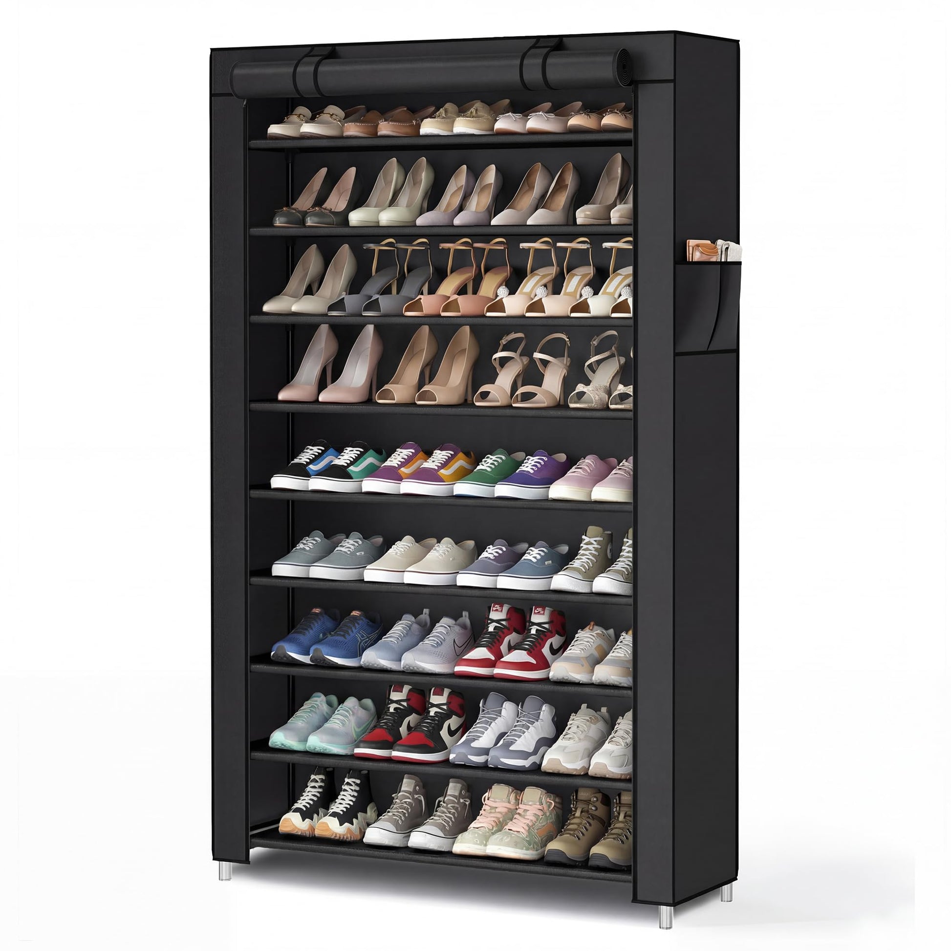 SONGMICS Home Shoe Rack 10-Tier, Tall Narrow Metal Shoe Organizer with Dust Cover, 11.2 x 33.3 x