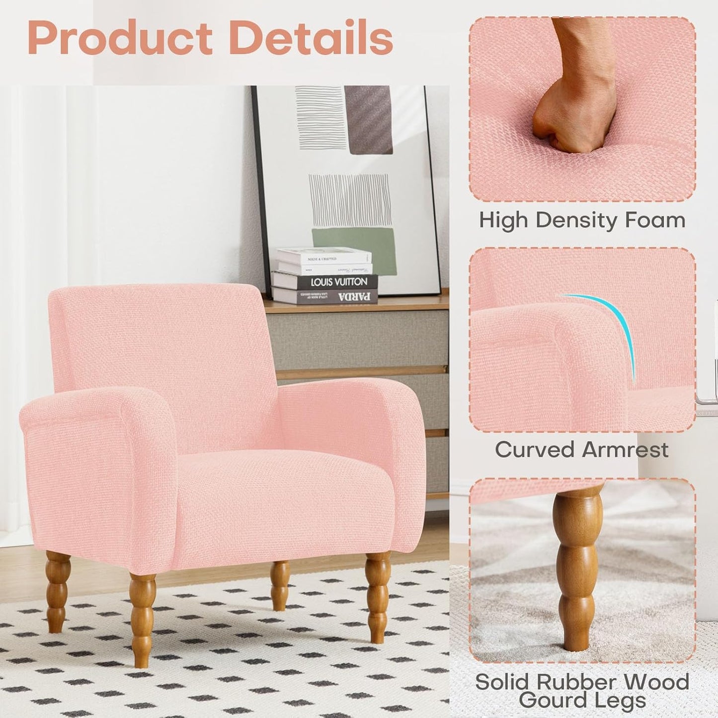 Chenille Fabric Accent Chair Set of 2, Upholstered Armchair with Solid Wood Legs, Modern Living Room Accent Chair, Comfy Single Sofa Chair Reading Club Chair for Bedroom Reception Lounge,Pink