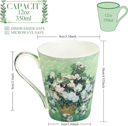 Coffee Mug Sets of 4, 12oz Bone China Porcelain Cups with Art Print Large Handle Dishwasher Microwave safe for Tea Cocoa or Hot Chocolate