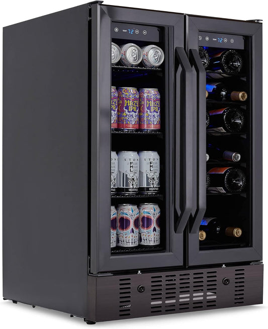 NewAir 24" Dual Zone Wine and Beverage Refrigerator, 18 Bottle & 58 Can, French Door Built-In Fridge with Lock, Black Stainless Steel Cooler, Digital Thermostat, Adjustable Shelves