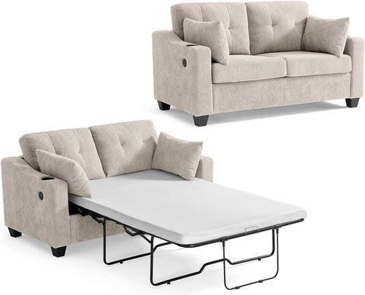 CHIC HOUSE Pull Out Sofa Bed, Full Size Sleeper Sofa, 2-in-1 Convertible Corduroy Couch with USB Charging, Memory Form Couch for Living Room, Apartment and Small Space (Beige, Corduroy - Full Size)