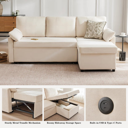 Waxberry Sectional Sofa Couch, Pull Out Couch Sleeper Sofa Bed with Storage for Living Room, Reversible Chaise, Side Pockets & Dual USB/Type-C Ports, Beige