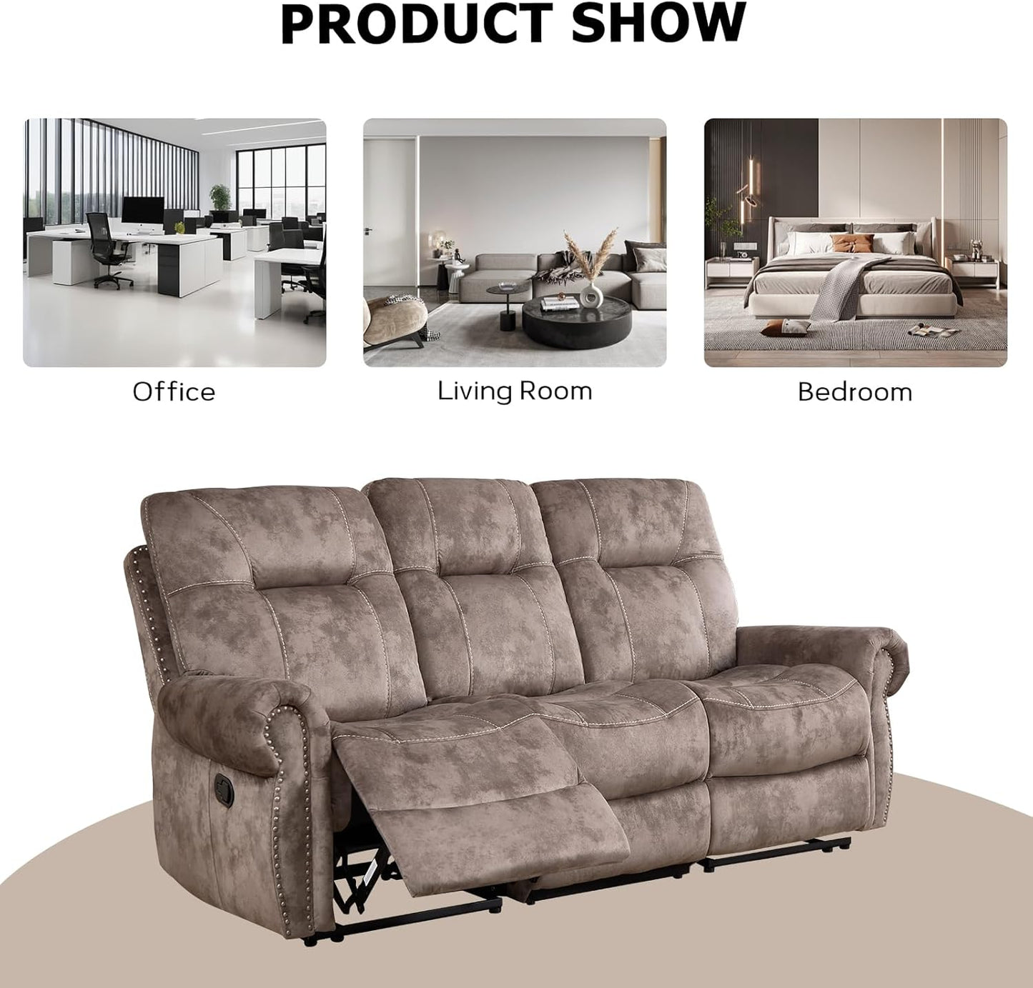 EBELLO 3 Pieces Reclining Couch Furniture Set for Living Room, Double 1 Seat Power Recliner Chair with Massage and Heat, a 3 Seater Manual Sofa, Vintage Rivet Mid-Century Design, Brown