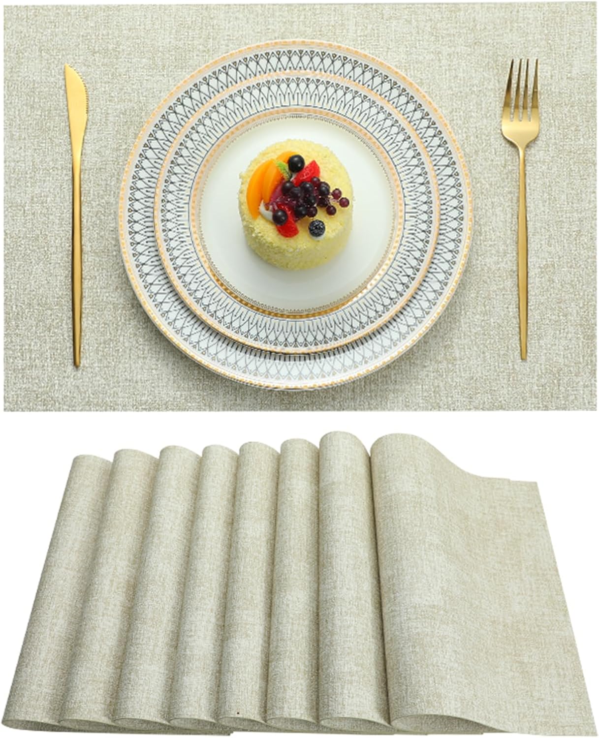 Placemats Set of 6 Washable Heat Resistant Place Mats PVC Woven Dining Table Mat Beige 6pcs