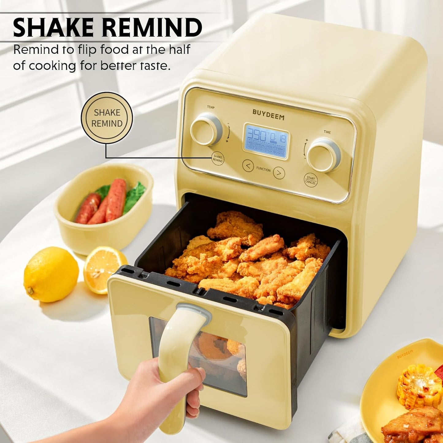 BUYDEEM F51 8-in-1 Air Fryer 4.2QT, Retro Countertop Airfryer Oven with Visible Window, Shake Reminder, One-touch Control with LCD Display, Mellow Yellow
