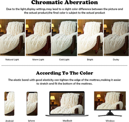 NEWCOSPLAY Faux Fur Throw Blanket Ivory 3D Ribbed Plush Thick Warm Blanket for Couch Sofa Bed 850GSM (Ivory Ribbed, Throw(50"x60"))