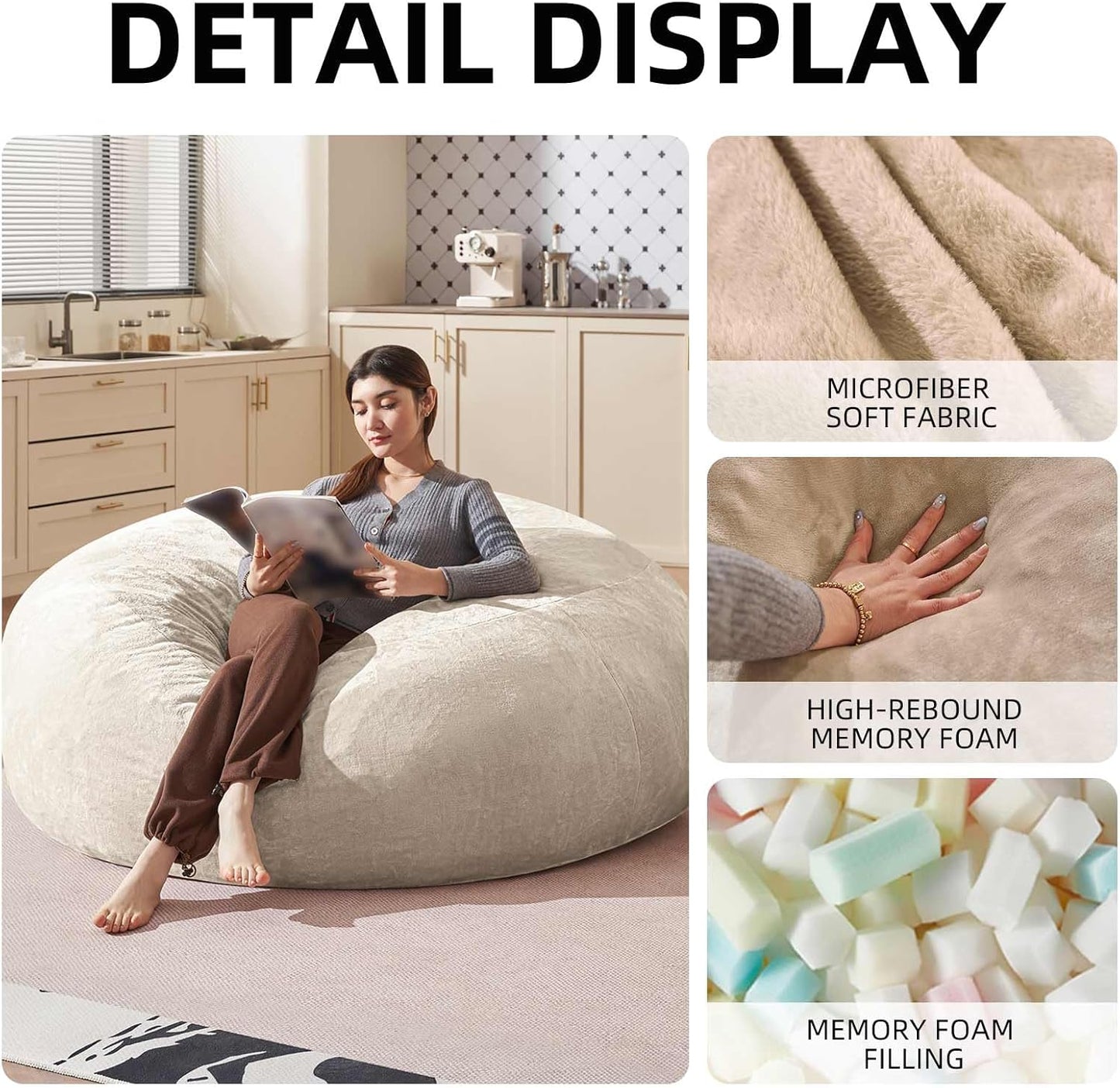 Bean Bag Chair 6Ft, Memory Foam Filled, Large Beanbag Chairs for Adults and Teens, Soft Sofa with Removable Flannel Cover, Round Couch for Living Room Bedroom College Dorm (Apricot, 6FT-67×67"×24")