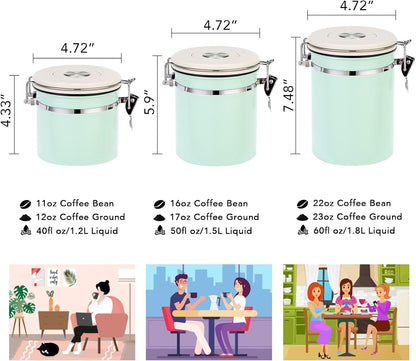 ShanSon Coffee Canister Airtight Coffee Container Stainless Steel Coffee Bean Storage Container with CO2 Release Valve and Scoop Coffee Canister for Beans,Grounds,Sugar,Flour,Tea,Cereal,22OZ,Green