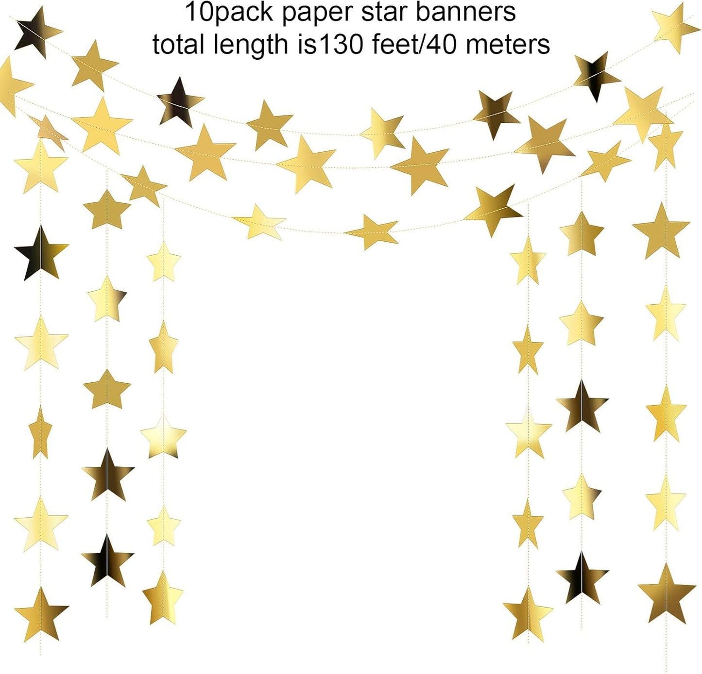 Patelai Glitter Star Garland Banner Decor 130 Feet Star Hanging Bunting Banner Twinkle Backdrop for Homecoming Classroom Wedding Birthday Halloween Christmas Party Supplies(Gold)