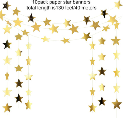 Patelai Glitter Star Garland Banner Decor 130 Feet Star Hanging Bunting Banner Twinkle Backdrop for Homecoming Classroom Wedding Birthday Halloween Christmas Party Supplies(Gold)
