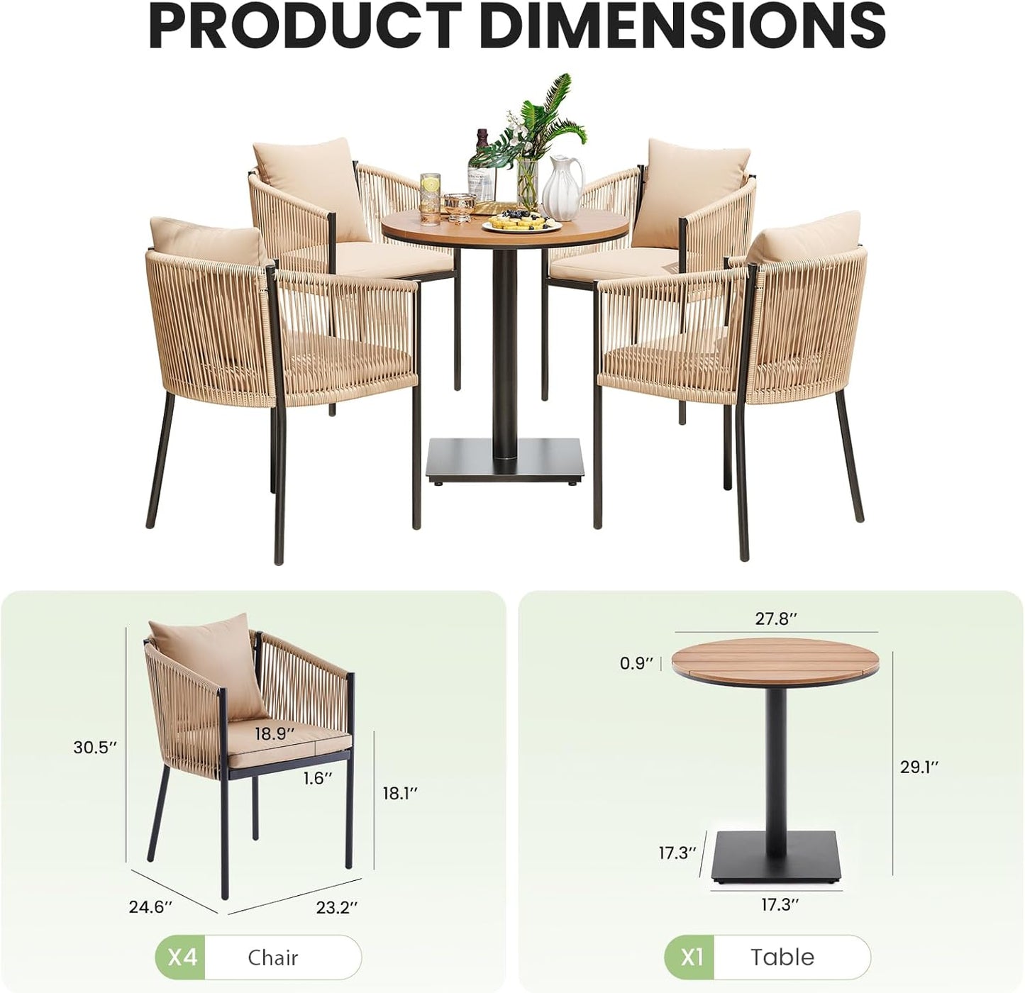 Soohow 5 Pieces Outdoor Dining Set for 4, Patio Table and Chairs Set 4 X Rattan Wicker Patio Chair with Cushions and 1 X Outdoor Table Plastic Wooden Top for Lawn, Deck Backyard, Poolside