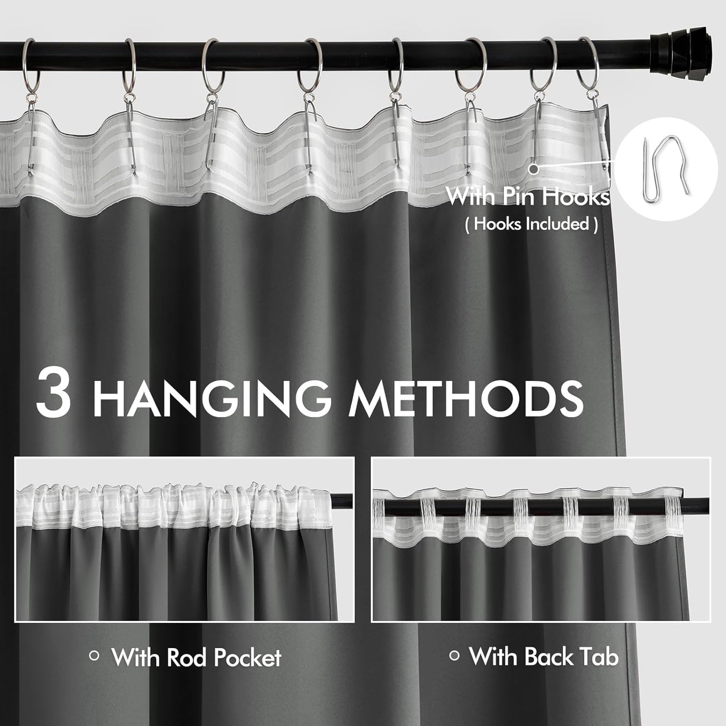 MIULEE Grey Back Tab Blackout Curtains 63 Inch Length 2 Panels Set for Living Room Bedroom Privacy, Rod Pocket/Pinch Pleat Thermal Insulated Room Darkening Pleated Light Blocking Drapes