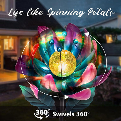 Solar Purple Metal Flower Wind Spinners, Colorful Spinning Windmill Lotus Yard Art Lights Wind Pinwheels with LED Crystal Ball Decorative Stake Lighting Flower Sculpture
