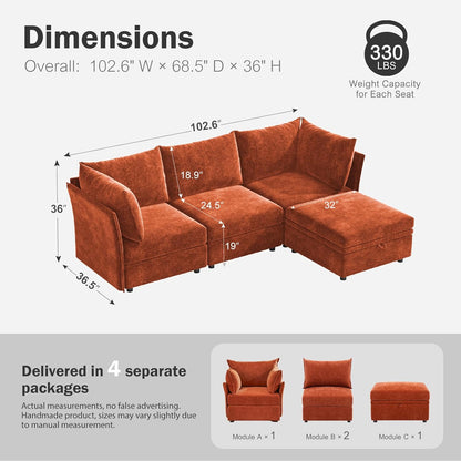 102.6" Modular Sectional Sofa, L Shaped Couch Set for Living Room, 3-Seater Comfy Cloud Couches with Movable Storage Ottoman,DIY Combination - Chenille Terracotta Orange