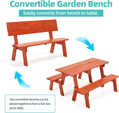 AVAWING Outdoor Convertible Wood Bench with Backrest, Patio Wood Convert a Bench, Space-Saving 2-in-1 Picnic Table Chairs Set for Backyard, Porch, Patio, Garden, Tangerine