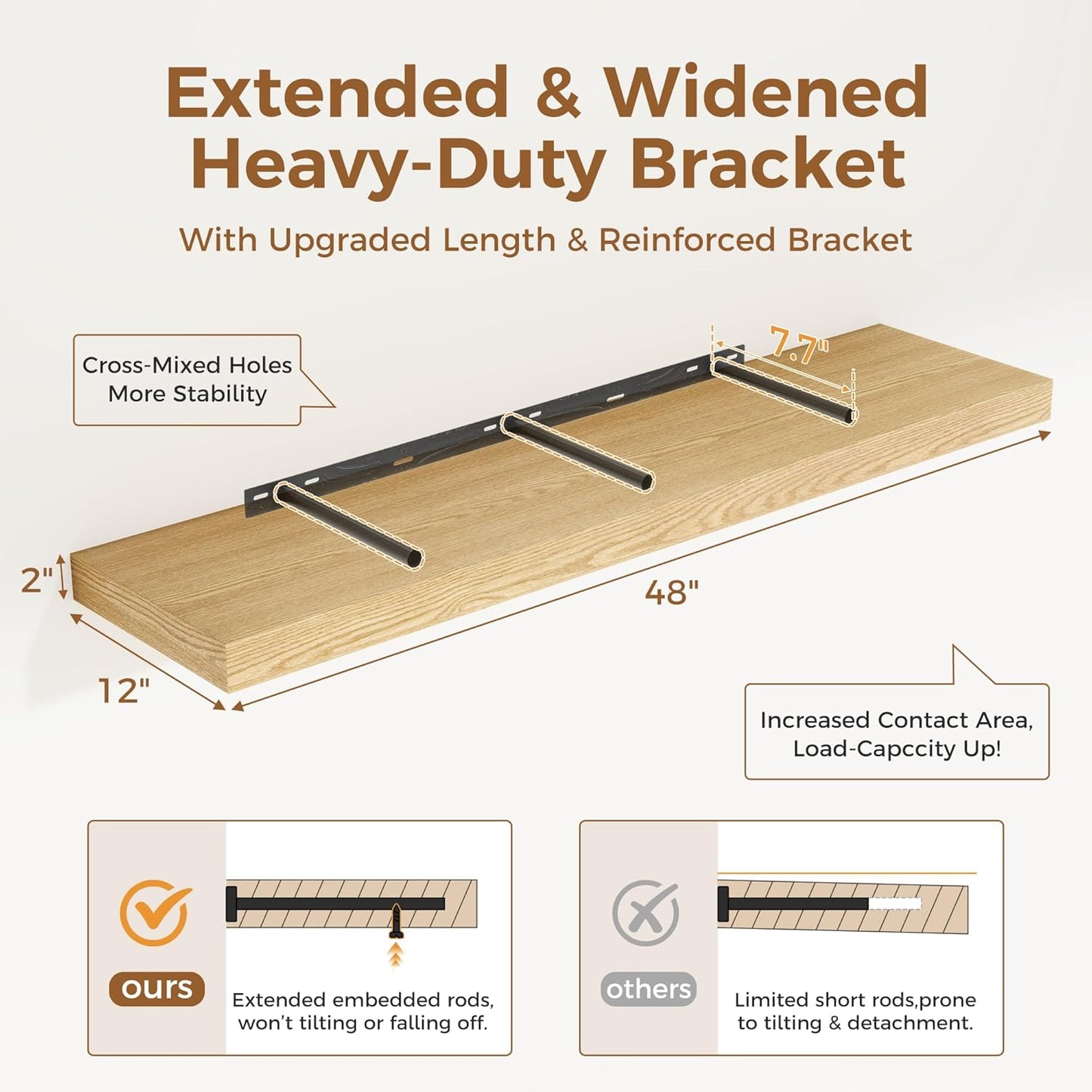 Floating Shelves 48 Inch Long, 12 Inch Deep Floating Shelves for Wall, 48 x 12 Large Wall Shelves for Home Storage & Display, 2" Thicked Floating Shelf for Bedroom, Living Room, Oak Color, 1 Pack