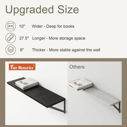 Fun Memories 27.5" W x10 D Floating Shelves, Black Wall Shelf with Brackets, 10 Inch Deep Floating Shelf Set of 2, Large Storage Kitchen Living Room Bathroom Shelves, Wood Wall Mounted Shelf