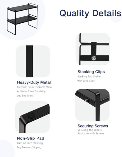 Nxconsu 2Pack Cabinet Shelves Stackable Shelf Organizer Rack Riser for Kitchen Cabinet Pantry Cupboard Counter Countertop Home Organization Storage Space Saver Heavy Duty Metal Nonslip Black