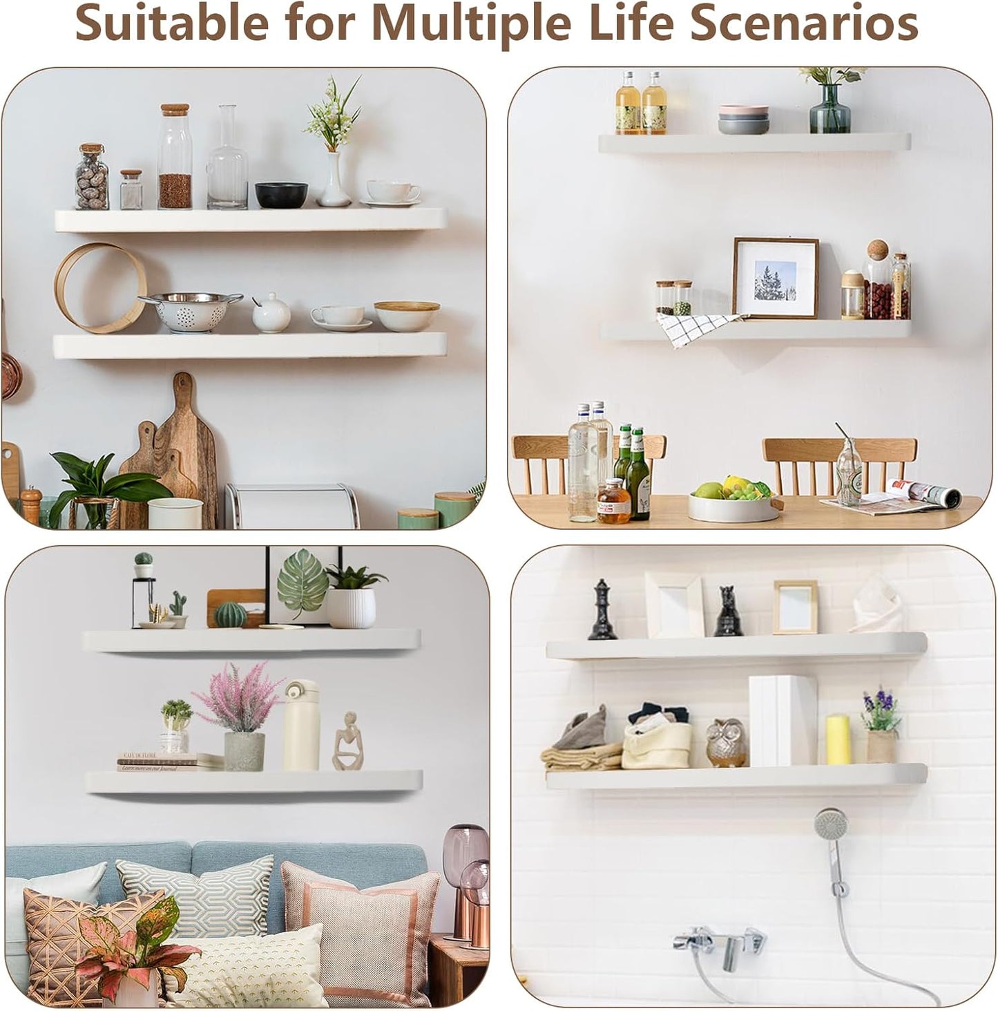 Solid Wood Floating Shelves Set of 2 - Natural, Warp & Crack Resistant 17.72 Inch Wall Shelf with Invisible Brackets Thicker, More Durable for Bathroom, Bedroom, Kitchen, Living Room (White, 17.72)