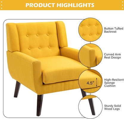 UIXE Accent Chair, Modern Upholstered Armchair in Fabric for Living Room, Comfy Club Arm Chairs Single Sofa Button Tufted Bedroom Reading Seat - Yellow, Set of 1