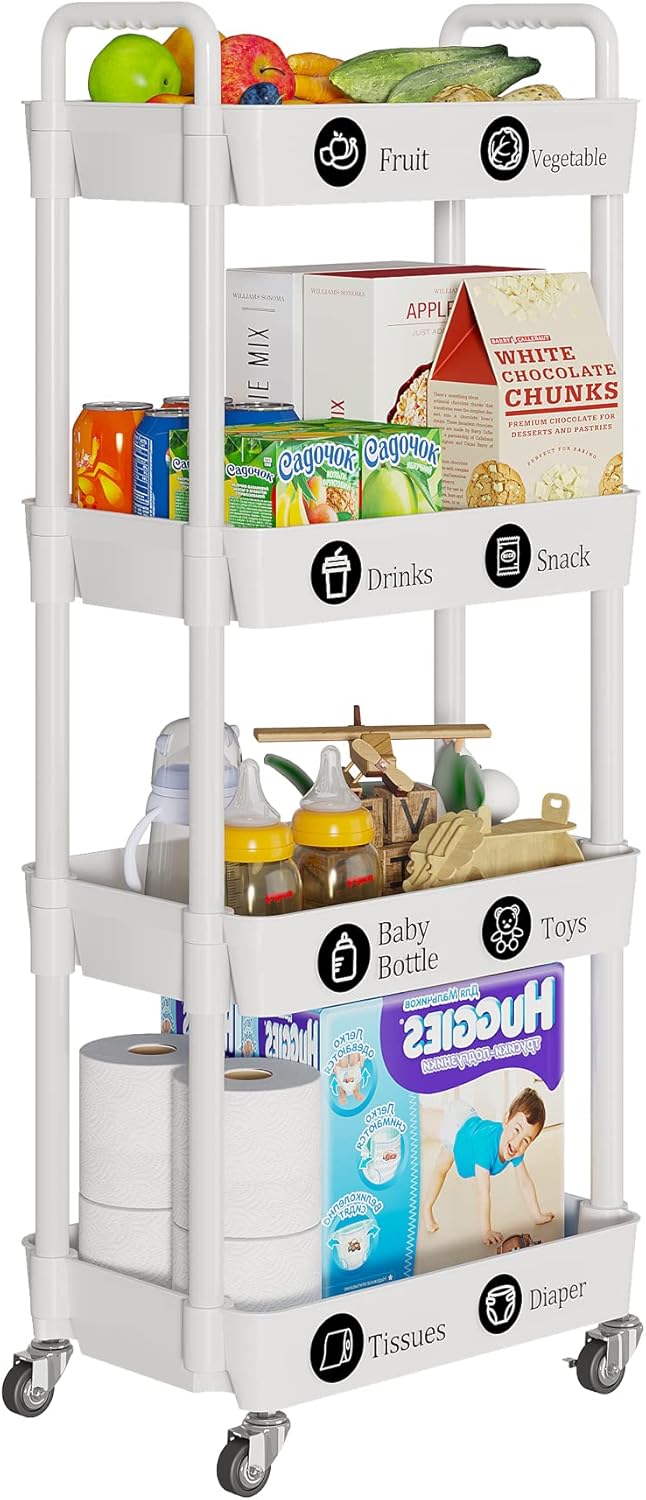 Laiensia 4-Tier Storage Cart,Multifunction Utility Rolling Cart Kitchen Storage Organizer,Mobile Shelving Unit Cart with Lockable Wheels for Bathroom,Laundry,Living Room,With Classified Stickers,White