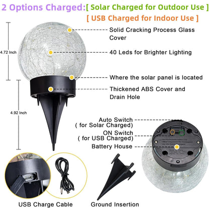 Beautyard Solar Globe Lights Outdoor Large Garden Decor USB Charged 4.72" Diameter 40LED 1000mAh Solar Lights Cracked Glass Globe Power Yard Patio Garden (4.72'' Large 2 Pack Warm White)