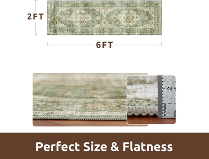 AMOAMI-2X6 Runner Rug-Washable Runners for Hallways-Soft Non Slip Bedside Rugs for Bedroom-Vintage Long Rug for Hallways Entryway Laundry Room Stair Kitchen Bathroom Olive Green