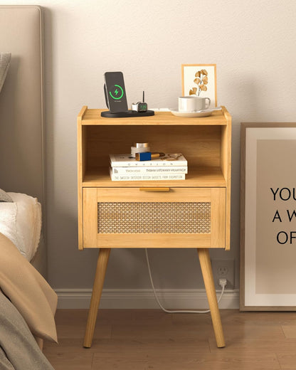 Rattan Nightstand with Outlet,Modern Bedside Table with Storage Drawer and Open Wood Shelf, for Living Room, Bedroom and Small Spaces, Accent Night Stand with Solid Wood Legs,Yellow Oak