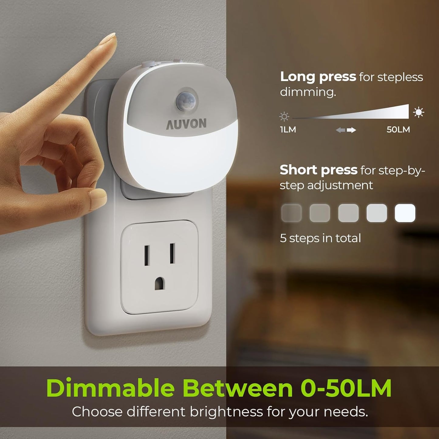 AUVON Plug in Night Light with Motion Sensor and Dusk to Dawn Sensor, Mini Cool White LED Nightlight with 1-50 lm Adjustable Brightness for Bathroom, Hallway, Stairs, Bedroom, Kitchen, 4 Packs