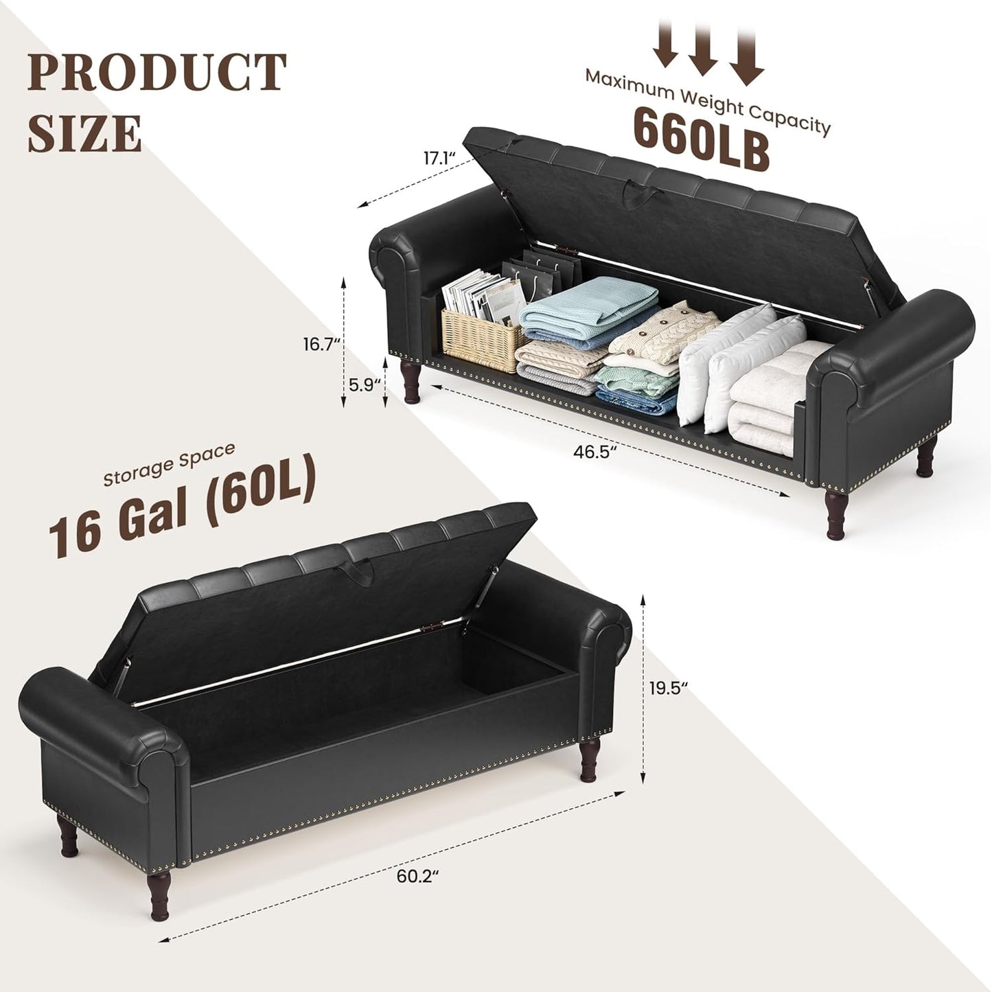 60" Storage Ottoman Bench for Bedroom, Full Queen Storage Bench with Button, Upholstered Bedroom Bench with Rolled Arms for Living Room, Storage Room, Entryway, Black