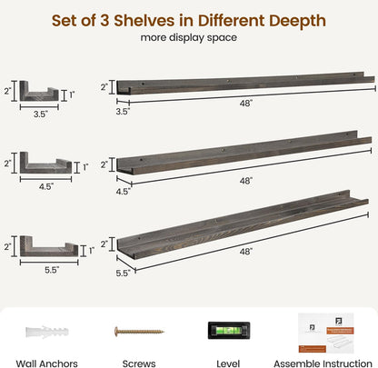 Picture Ledge Wall Shelves 48 Inches Width Set of 3, Solid Pine Wood Rustic Floating Ledge for Kids' Room Bedroom Kitchen Bathroom, Long Floating Shelves for Wall Decor, Grey