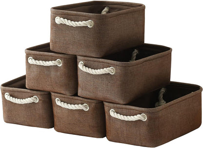 TheWarmHome Storage Basket for Organizing - 12x8x5 inch Small 6 Pack Collapsible Storage Bin for Shelves with Handles, Canves Storage Box for Cloth Closet Organizer Gift Toy (Brown)
