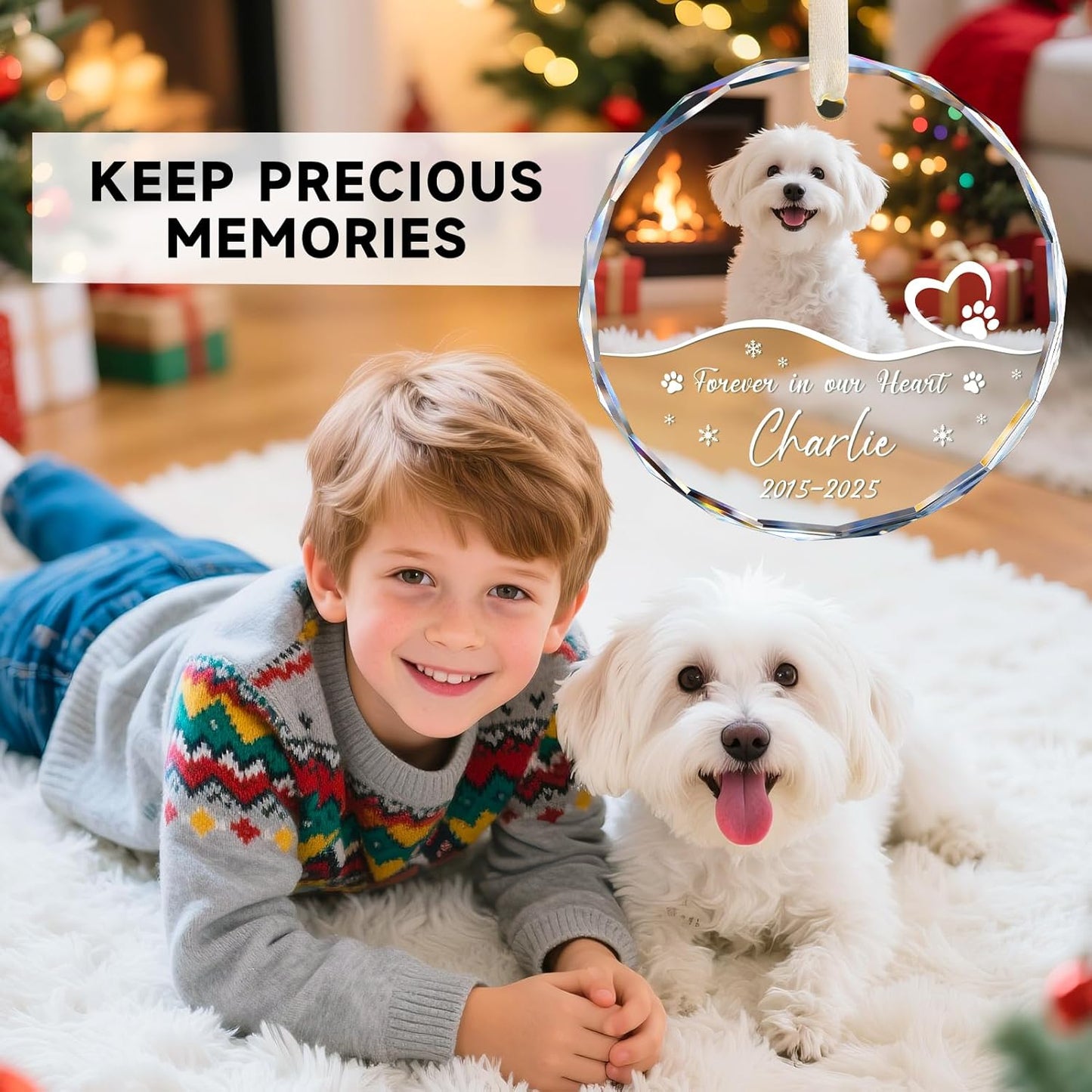 Personalized Pet Memorial Ornament - Custom Photo, Name & Dates - Forever in Our Hearts Glass Crystal Keepsake Ornaments - Dog Memorial Gifts for Loss of Dog, Cat
