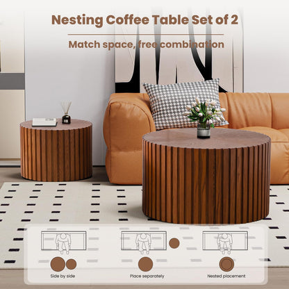 WXFKLDJ Round Nesting Coffee Table Set Cylindrical Wooden Coffee Table Sofa Center Table Circle Embossed Design Side Table for Living Room Apartment No Assembly (Striped Brown Large)