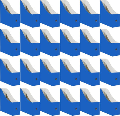 24 Pack Cardboard Magazine File Holder for Desktop ，Blue Book Bins for Classroom Library, Office or Home, Vertical Paper Boxes for Storage with Label(10.6" H x 10.2" L x 3.5" W in)