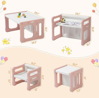 3 in 1 Montessori Weaning Table and 2 Chairs Set, Kids Desk and Chair Set, 2 Height Levels, Toddlers Activity Table for Drawing, Dining, Reading and Playing, Pink