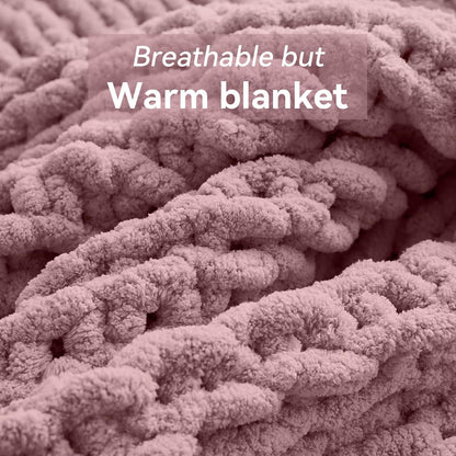 Chunky Knit Throw Blanket, 60''*80'' Knitted Throw Chenille Yarn for Bed Couch, Handmade Muted Pink Crochet Big Thick Blanket, Machine Washable Cute Comfy Blanket for Home Decor