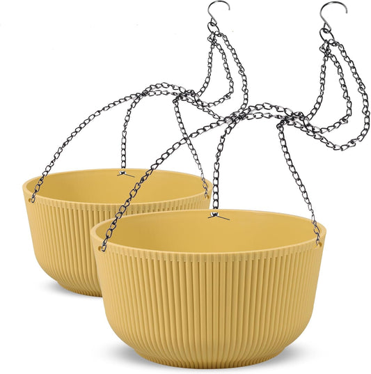 Dexceder 8.75 Inch Self Watering Hanging Planters Indoor Outdoor, Thickened Hanging Basket Flower Plant Pot (2 Pack, Yellow)