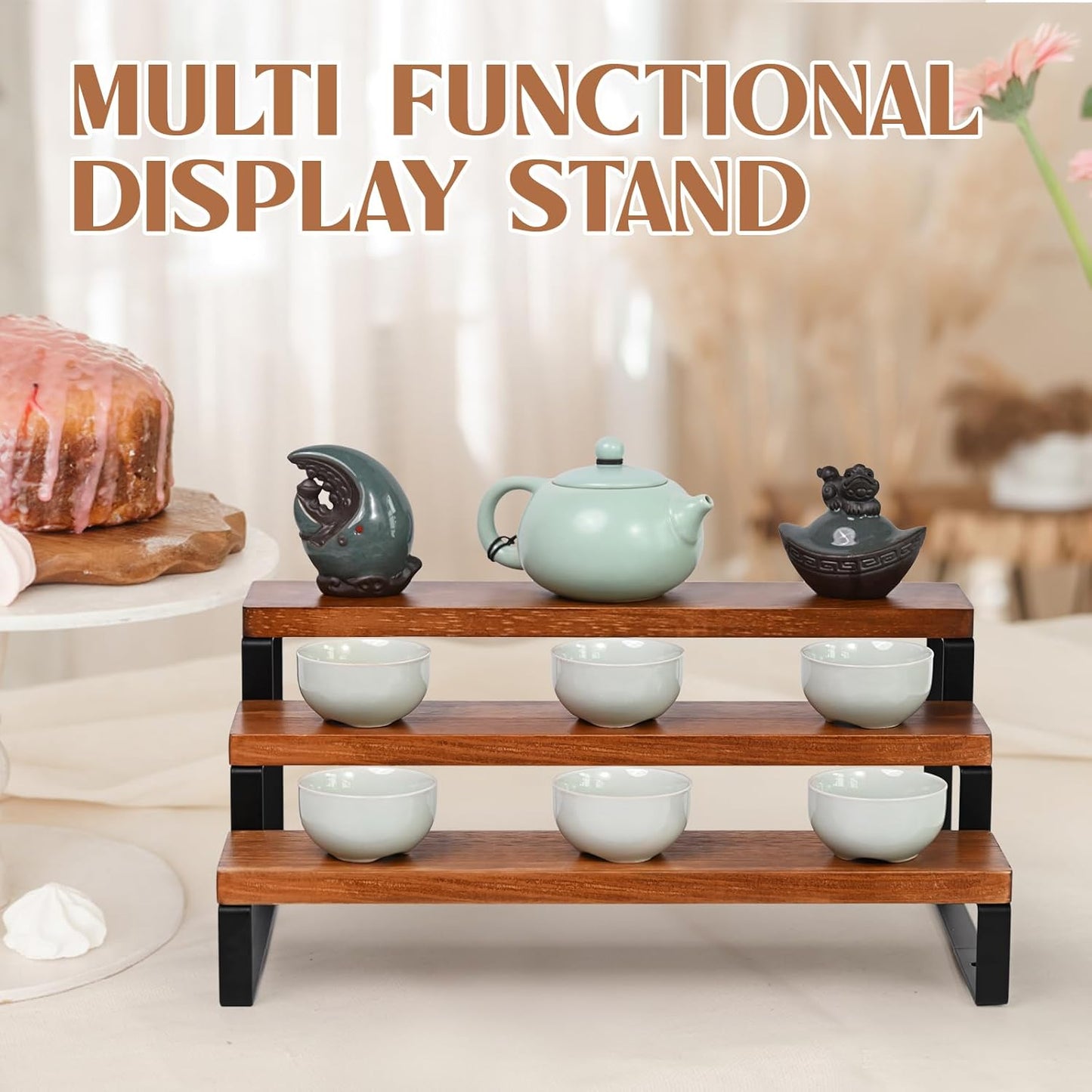 3 Tier Wooden Display Riser Stand Perfume Organizer with Metal Stand, Dessert Table Display Set, Food Display Stands for Party, Brown Rustic Solid Wood Shelf for Cupcakes, Perfume, Cologne, Spiece