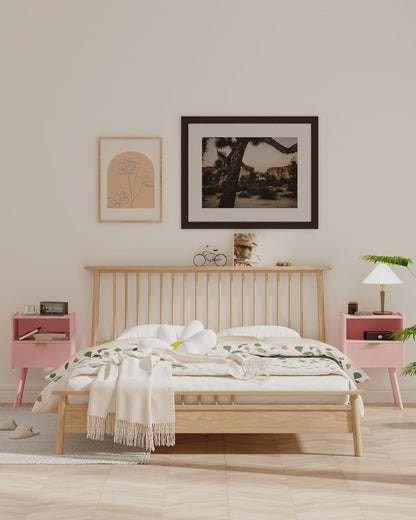 Nightstand,Modern Bedside Table with Storage Drawer and Open Wood Shelf, Accent Night Stand with Solid Wood Legs for Living Room, Bedroom and Small Spaces,Easy Assembly (Pink)