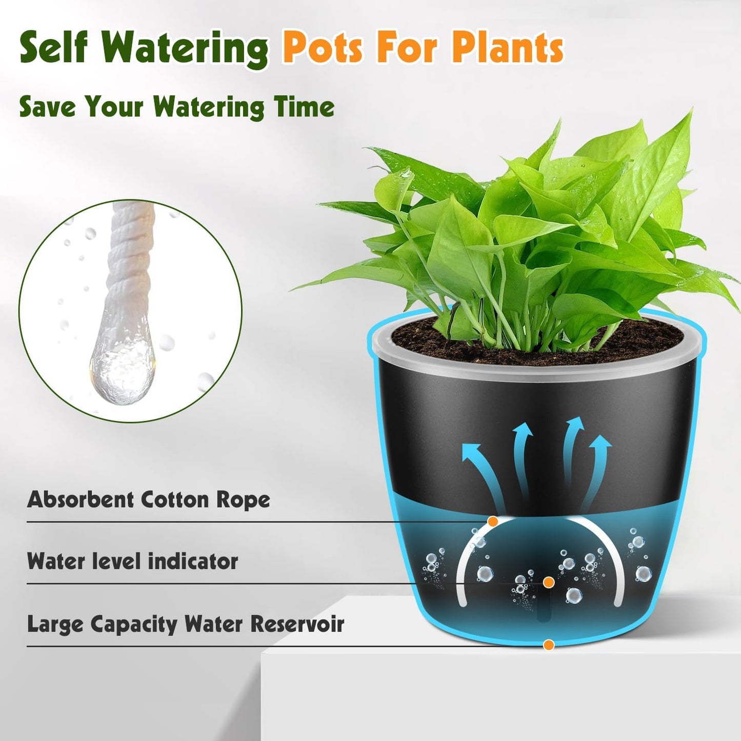 Self Watering Pots for Indoor Plants, 8-Pack 5'' Self Watering Planter with Drainage Holes, Small African Violet Pots with Water Level Indicator, Clear Wick Pot, White/Black
