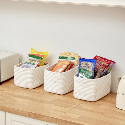 Small Cotton Rope Storage Basket Set of 3-11"x7"x7" Perfect Woven Baskets for Storage, Ideal Storage Baskets for Organizing Toys, Towels, and More - Baskets for Shelves and Home Decor（White）
